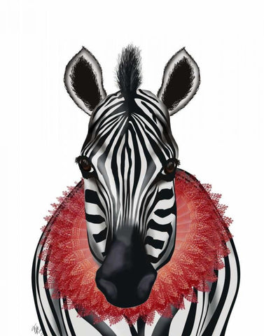 Zebra and Red Ruff Black Ornate Wood Framed Art Print with Double Matting by Fab Funky