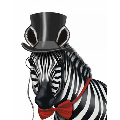 Zebra with Top Hat and Bow Tie 1, Sideways Gold Ornate Wood Framed Art Print with Double Matting by Fab Funky