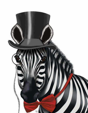 Zebra with Top Hat and Bow Tie 1, Sideways White Modern Wood Framed Art Print with Double Matting by Fab Funky