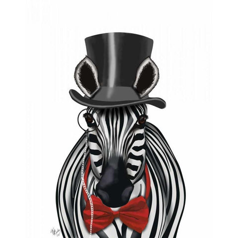 Zebra with Top Hat and Bow Tie 2, Forwards White Modern Wood Framed Art Print by Fab Funky