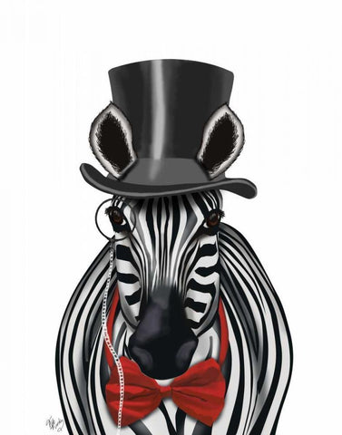 Zebra with Top Hat and Bow Tie 2, Forwards White Modern Wood Framed Art Print with Double Matting by Fab Funky