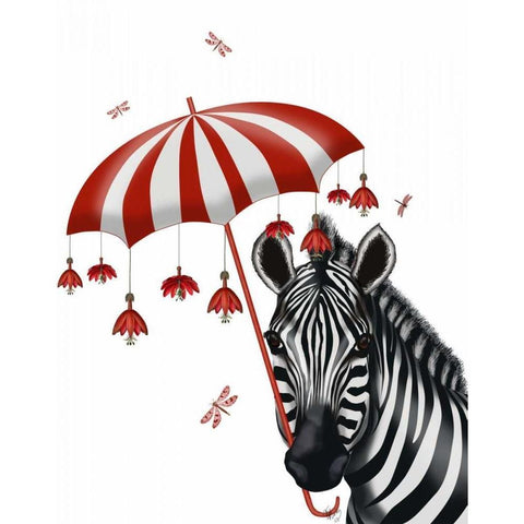 Zebra with Umbrella 1, Sideways Gold Ornate Wood Framed Art Print with Double Matting by Fab Funky