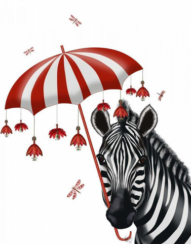 Zebra with Umbrella 1, Sideways Black Ornate Wood Framed Art Print with Double Matting by Fab Funky