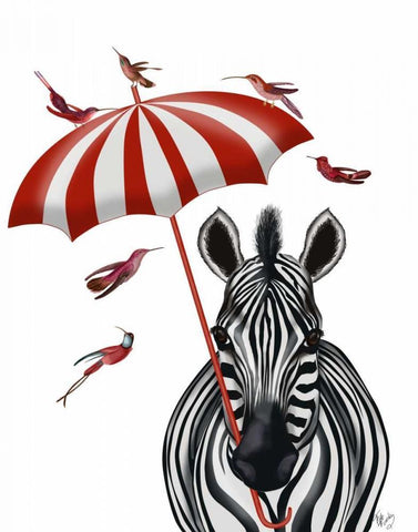 Zebra with Umbrella 2, Forward Black Ornate Wood Framed Art Print with Double Matting by Fab Funky