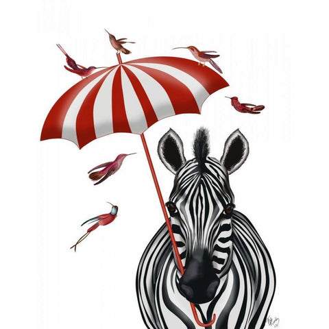 Zebra with Umbrella 2, Forward Gold Ornate Wood Framed Art Print with Double Matting by Fab Funky