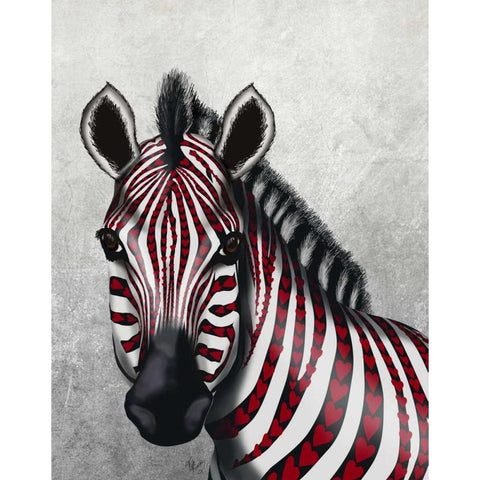 Zebra, Red Love Hearts Black Modern Wood Framed Art Print with Double Matting by Fab Funky