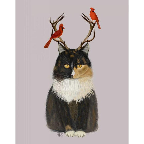 Tortoiseshell Cat, Antlers and Red Birds White Modern Wood Framed Art Print by Fab Funky