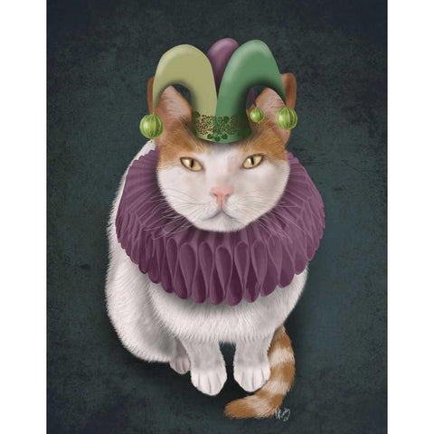 Cat, White with Jester Hat White Modern Wood Framed Art Print by Fab Funky