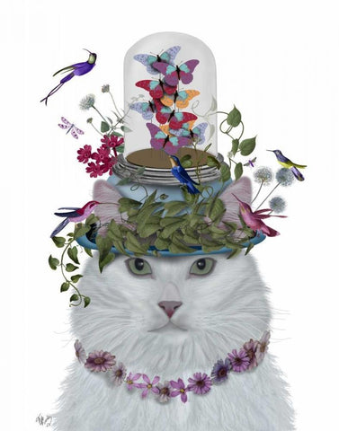 Cat, White with Butterfly bell jar White Modern Wood Framed Art Print with Double Matting by Fab Funky