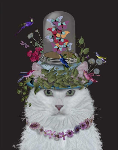 Cat, White with Butterfly bell jar, on black White Modern Wood Framed Art Print with Double Matting by Fab Funky