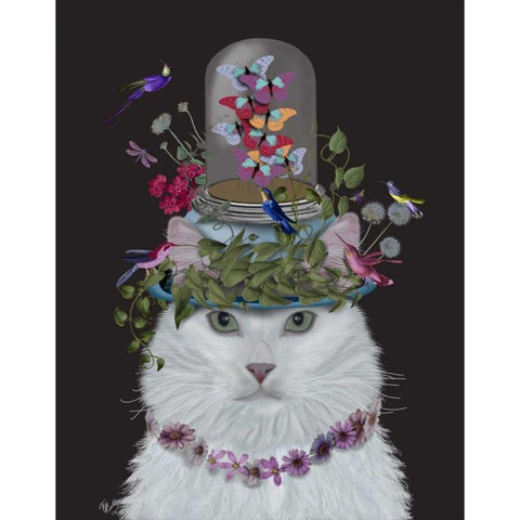 Cat, White with Butterfly bell jar, on black White Modern Wood Framed Art Print by Fab Funky