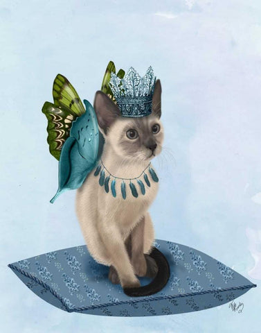 Cat with Blue Butterfly Wings White Modern Wood Framed Art Print with Double Matting by Fab Funky