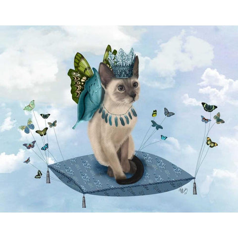 Cat on Pillow with Butterflies White Modern Wood Framed Art Print by Fab Funky