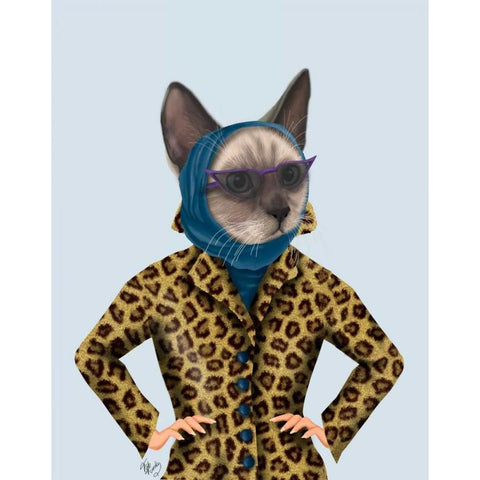 Cat with Leopard Jacket White Modern Wood Framed Art Print by Fab Funky