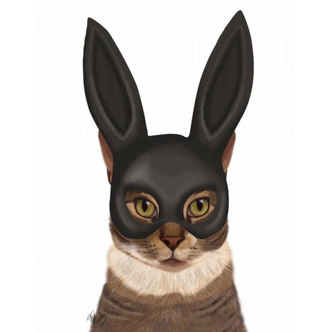 Cat with Bunny Mask Black Modern Wood Framed Art Print with Double Matting by Fab Funky