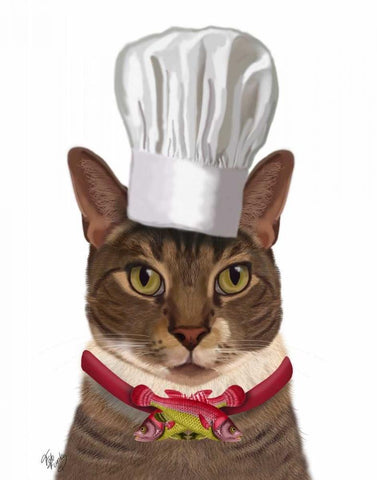 Cat Chef White Modern Wood Framed Art Print with Double Matting by Fab Funky