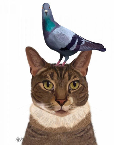 Cat with Pigeon on Head White Modern Wood Framed Art Print with Double Matting by Fab Funky