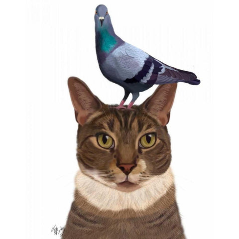 Cat with Pigeon on Head Black Modern Wood Framed Art Print with Double Matting by Fab Funky