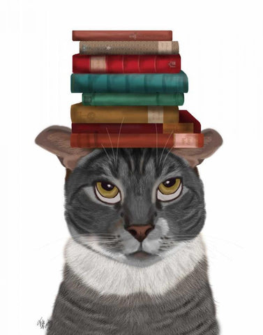 Grey Cat with Books on Head White Modern Wood Framed Art Print with Double Matting by Fab Funky