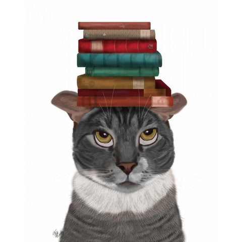 Grey Cat with Books on Head Gold Ornate Wood Framed Art Print with Double Matting by Fab Funky