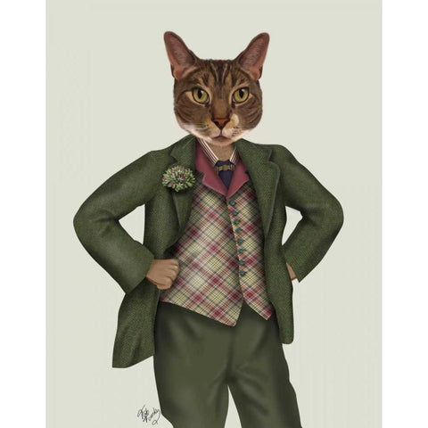 Cat in Tartan Waistcoat Black Modern Wood Framed Art Print with Double Matting by Fab Funky