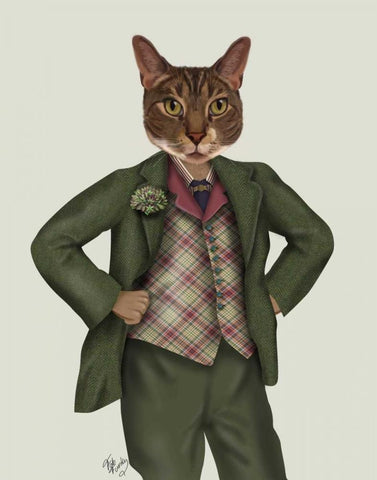 Cat in Tartan Waistcoat White Modern Wood Framed Art Print with Double Matting by Fab Funky