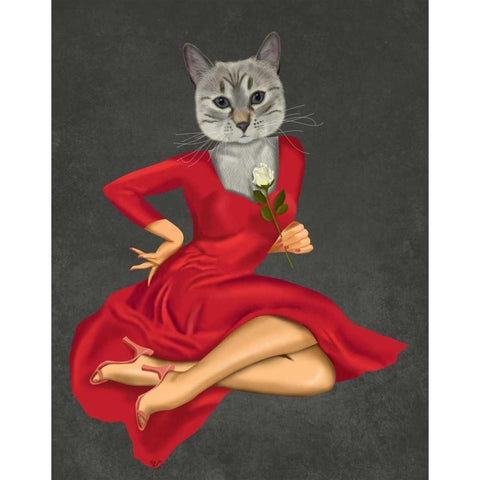 Grey Cat with White Rose White Modern Wood Framed Art Print by Fab Funky