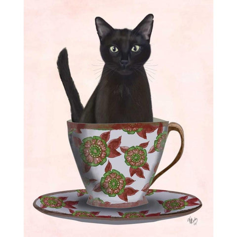 Black Cat in Teacup White Modern Wood Framed Art Print by Fab Funky