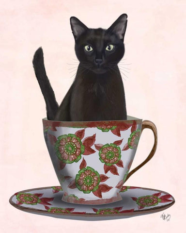 Black Cat in Teacup Black Ornate Wood Framed Art Print with Double Matting by Fab Funky