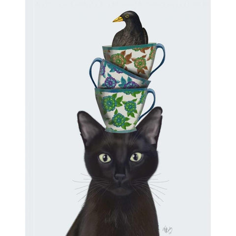 Black Cat with Teacups and Blackbird Black Modern Wood Framed Art Print with Double Matting by Fab Funky