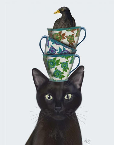 Black Cat with Teacups and Blackbird White Modern Wood Framed Art Print with Double Matting by Fab Funky