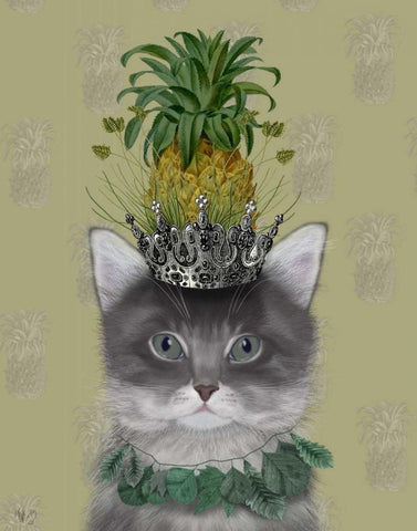 Cat, Pineapple Puss White Modern Wood Framed Art Print with Double Matting by Fab Funky