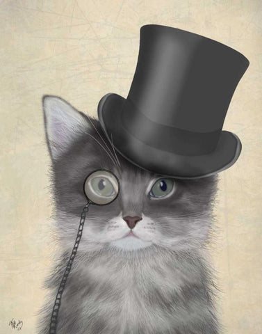 Cat, Grey with Top Hat Black Ornate Wood Framed Art Print with Double Matting by Fab Funky