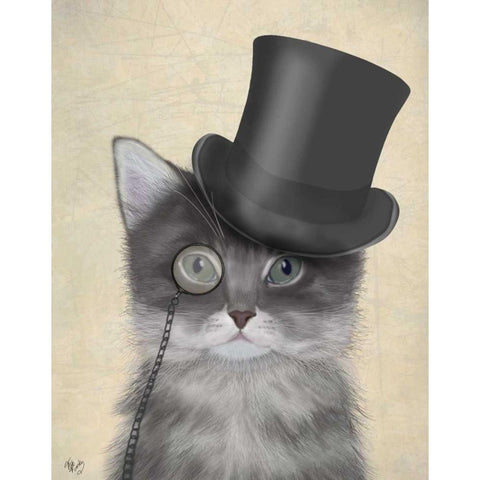 Cat, Grey with Top Hat White Modern Wood Framed Art Print by Fab Funky