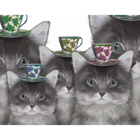 Cat Family Tea Party White Modern Wood Framed Art Print by Fab Funky