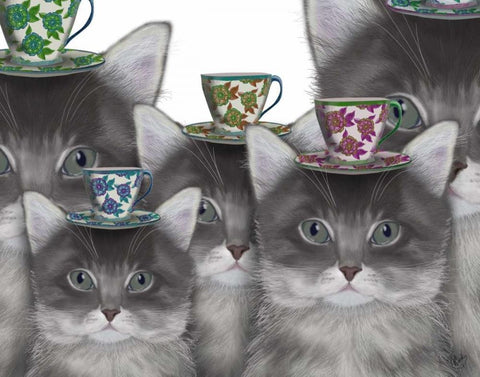 Cat Family Tea Party White Modern Wood Framed Art Print with Double Matting by Fab Funky