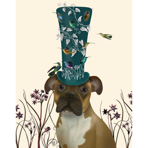 Boxer and Bird Hat White Modern Wood Framed Art Print by Fab Funky