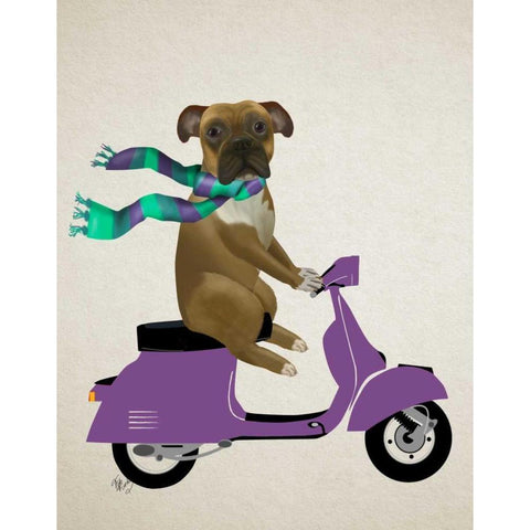 Boxer On Moped White Modern Wood Framed Art Print by Fab Funky