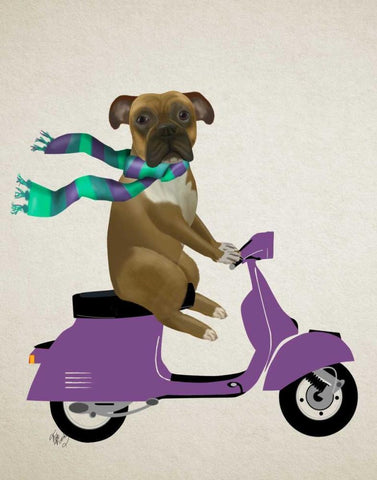 Boxer On Moped White Modern Wood Framed Art Print with Double Matting by Fab Funky