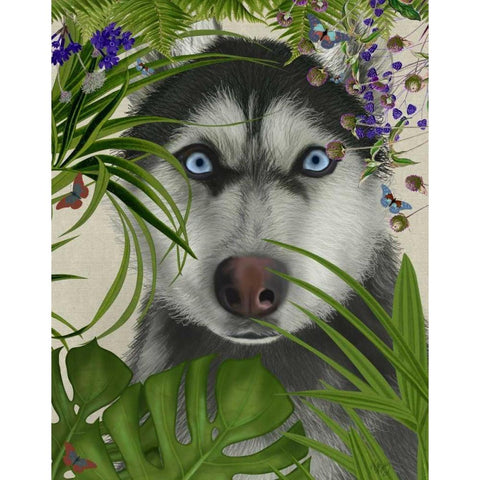 Tropical Husky White Modern Wood Framed Art Print by Fab Funky