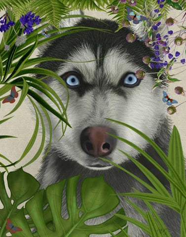 Tropical Husky Black Ornate Wood Framed Art Print with Double Matting by Fab Funky