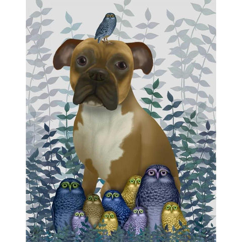 Boxer and Owls White Modern Wood Framed Art Print by Fab Funky