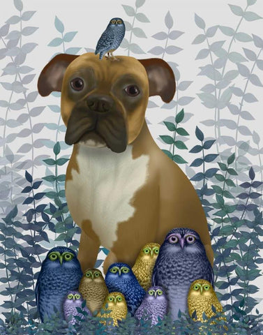 Boxer and Owls White Modern Wood Framed Art Print with Double Matting by Fab Funky
