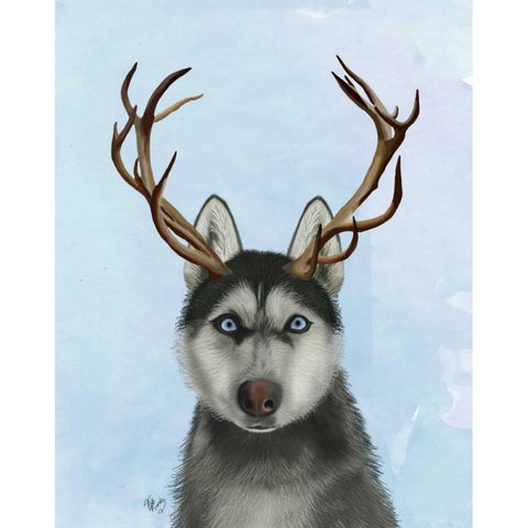 Husky and Antlers Black Modern Wood Framed Art Print with Double Matting by Fab Funky