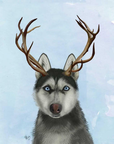 Husky and Antlers Black Ornate Wood Framed Art Print with Double Matting by Fab Funky