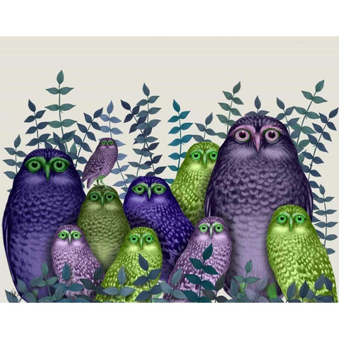 Electric Owls, Purple and Lime Black Modern Wood Framed Art Print with Double Matting by Fab Funky