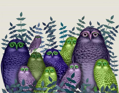 Electric Owls, Purple and Lime Black Ornate Wood Framed Art Print with Double Matting by Fab Funky