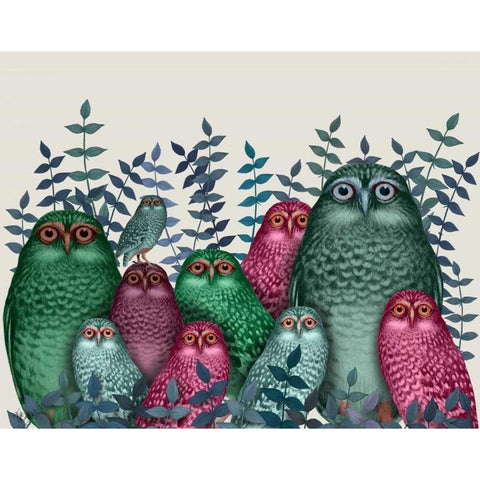 Electric Owls, Pink and Green Black Modern Wood Framed Art Print with Double Matting by Fab Funky