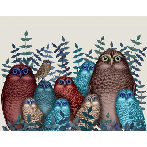 Electric Owls, Red and Blue Gold Ornate Wood Framed Art Print with Double Matting by Fab Funky