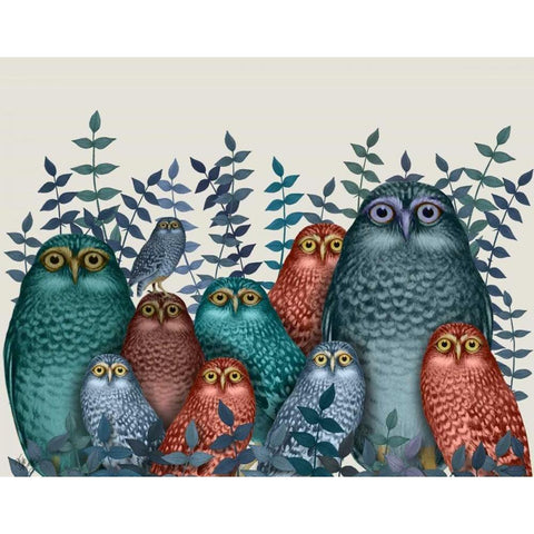 Electric Owls, Blue and Orange White Modern Wood Framed Art Print by Fab Funky